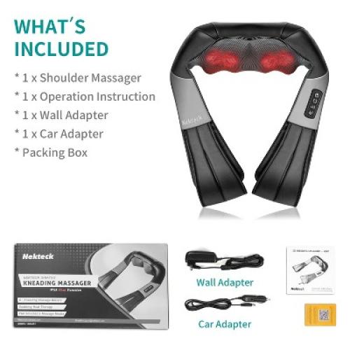 Nekteck Shiatsu Neck & Back Massager - Heat, Deep Kneading - Home, Office, Car -Black