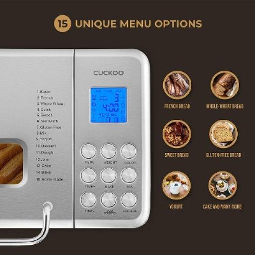 Cuckoo CBM-AAB101S Bread Maker Machine with 15 Bake Settings, 3 Crust Colors, 3 Loaf Sizes, And Up to 15 Hour Delay Timer, Silver