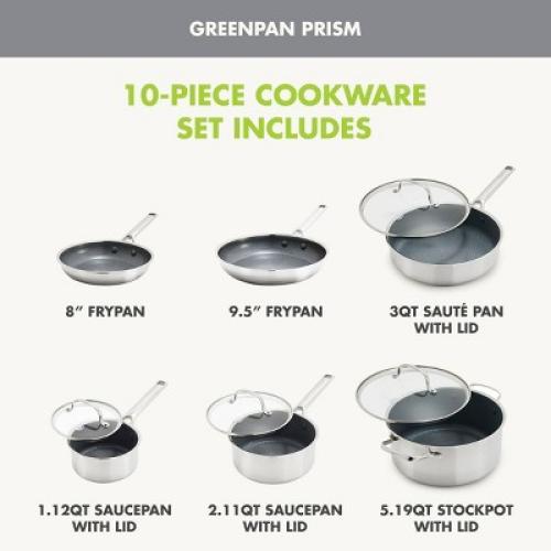 GreenPan Prism 10pc Hybrid Stainless Steel and Ceramic Nonstick Cookware Set