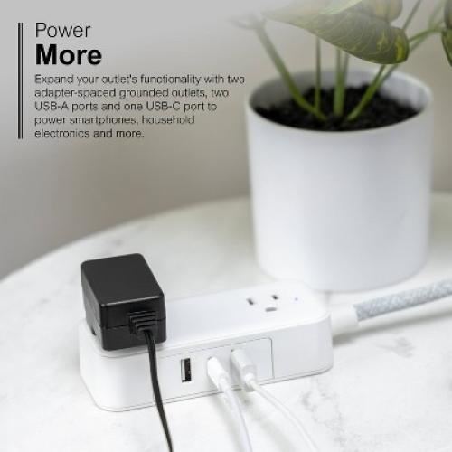 GE 2-Outlet Extension Cord 2 USB-A 1 USB-C 12W 6' Braided White/Gray