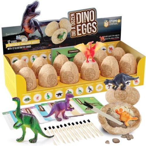 Dan&Darci Dig a Dozen Dino Eggs Kit – 12 Unique Dinosaur Models with Excavation Tools, Brushes, and Learning Cards – STEM Authenticated