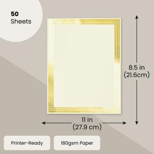 Juvale 50 Sheets Gold Foil Award Certificate Paper 8.5 x 11 for Printing - Blank Cardstock for Graduation Diploma (Ivory)