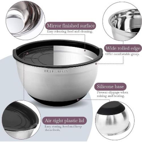 Bellemain 3-Piece Stainless Steel Mixing Bowls Set with Non-Slip Lids – Silver/Black Finish