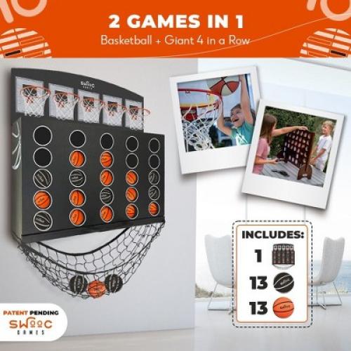 SWOOC Games - Low Post Lineup | Wall Mounted Giant Basketball 4 In A Row w/ 5  Games | Basketball Hoop For Room Wall Games | Mini Game Room Games