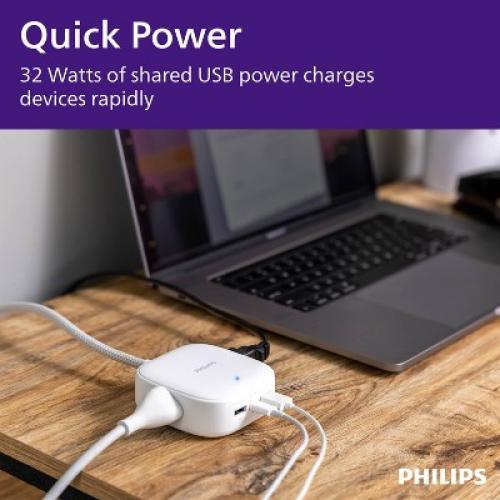 Philips Desktop Charging Station 2 USB-A 1 USB-C 2 Outlet 5ft Cord - White