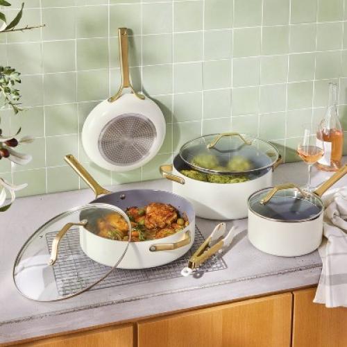 7pc Nonstick Ceramic Coated Aluminum Cookware Set with Champagne Handles Cream - Figmint™