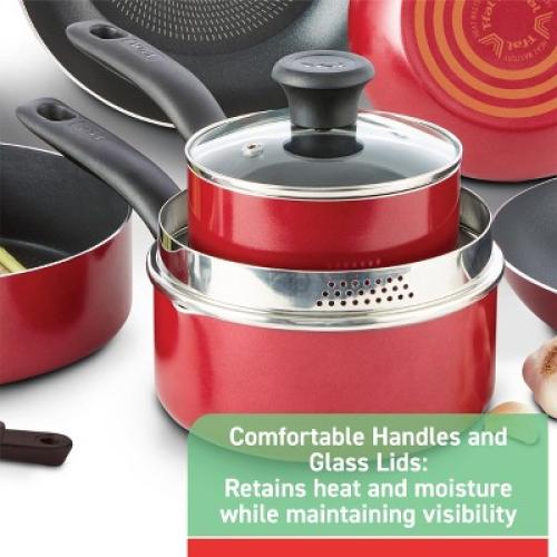 T-Fal 12pc Simply Cook Nonstick Cookware Set Red: Aluminum, Ergonomic Handles, Tempered Glass Lids, Oven-Safe to 350°F ‼️possibly missing items ‼️