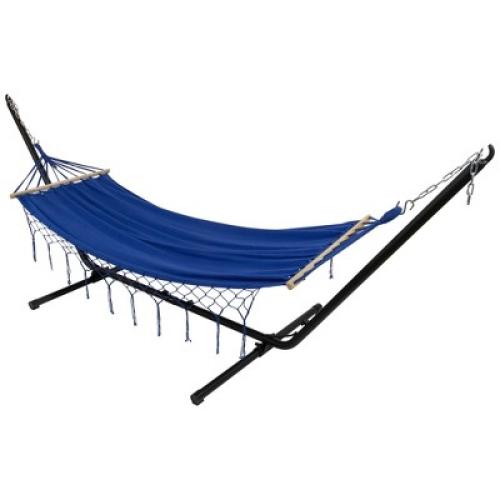 Northlight Hammock with Netted Fringe and Wooden Bars - 100 x 41 - Blue