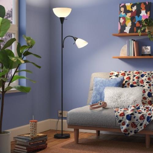 Torchiere with Task Light Floor Lamp Black - Room Essentials™: Adjustable, ETL Listed, Metal Body
