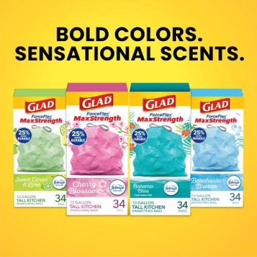 Glad ForceFlex MaxStrength Tall Kitchen Drawstring Pink Trash Bags - Cherry Blossom - 13gal/90ct