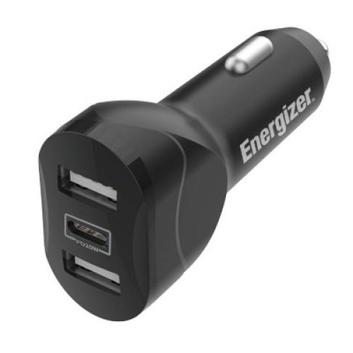 Energizer Car Accessory 3 Port Power Delivery Car Charger: USB-C & USB, Auto Electronics, Black, 1 Year Warranty