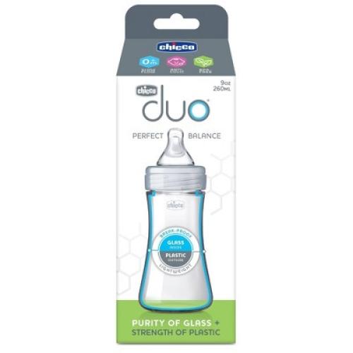 Chicco Duo Hybrid Baby Bottle with Invinci-Glass Inside/Plastic Outside with Slow Flow Anti-Colic Nipple 0 Months  - Clear/Gray - 9oz
