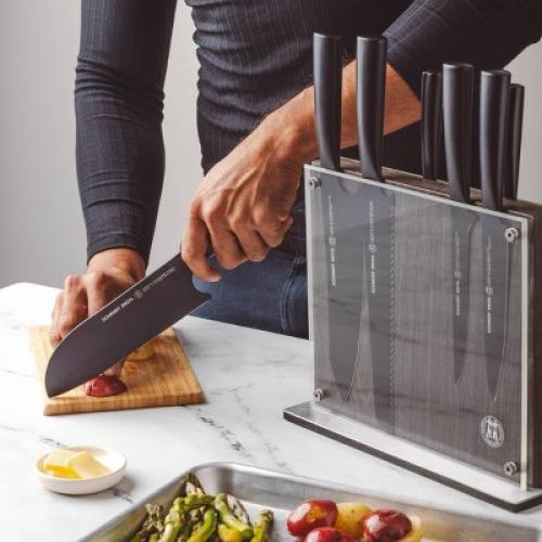 (MISSING A KNIFE) Schmidt Bros Cutlery 9pc Jet Black Series Knife Block Set: Stainless Steel Blades & Handles, Includes Sharpener