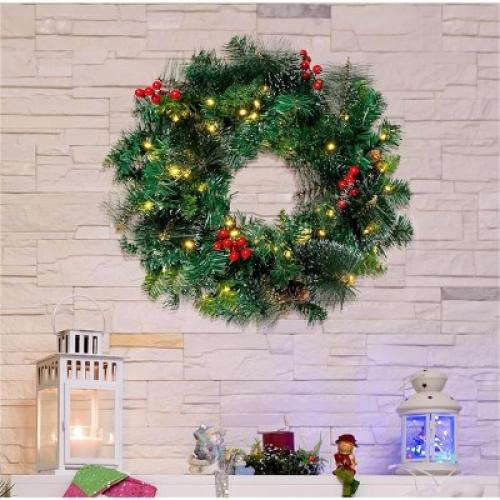 SYNCFUN 20’’ Artificial Christmas Wreath 50 LED Prelit with Hanger, Decorated with Red Berries, Pine Cones for Front Door Wall Christmas Decorations