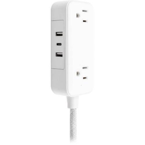 GE 2-Outlet Extension Cord 2 USB-A 1 USB-C 12W 6' Braided White/Gray