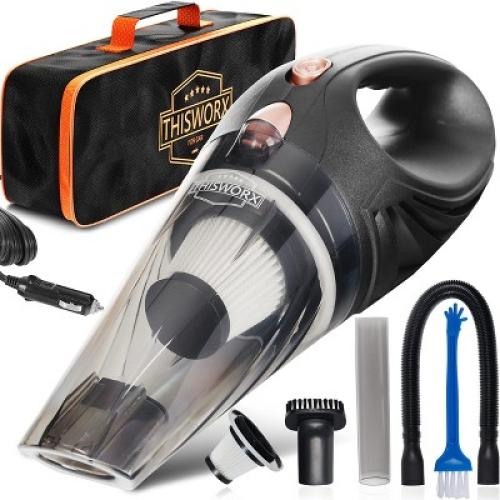 ThisWorx Portable 12V Car Vacuum Cleaner with 3 Attachments and 16-foot Cord, Black