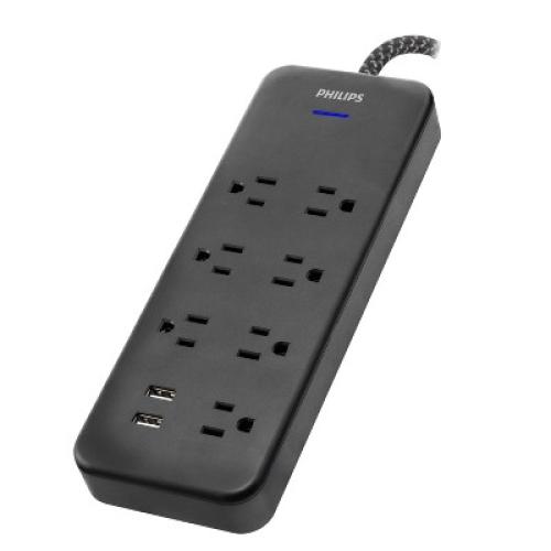 Philips 7-Outlet Surge 4' Braided Cord 1500J 2 USBA Adaptor Spaced - Black