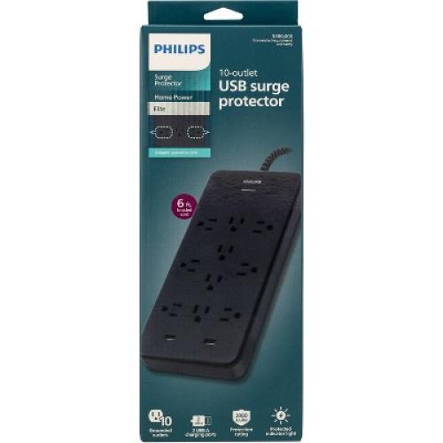 Philips 10-Outlet Surge 6' Braided cord 2880J 2 USB-A - 2.4A Adapter-Spaced - Black