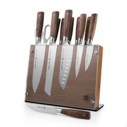Schmidt Bros Cutlery 14pc Knife Block Set Delta: Stainless Steel Blades, Wood Handles, Includes Sharpener & Steak Knives