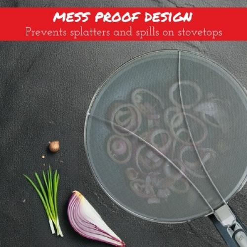 Silver 13 Amco Stainless-Steel Odor Absorbing Splatter Screen with Foldable Handles, 13-Inch Stainless Steel Grease Splatter Guard, Fine Mesh for Frying Pan