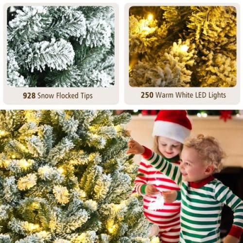 Costway 6ft Pre-lit Snow Flocked Hinged Christmas Tree w/ 928 Tips & Metal Stand
