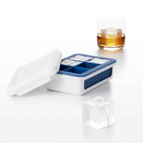 OXO Covered Ice Cube Tray Large Cubes: BPA-Free Silicone & Plastic, 6 Cavities, Dishwasher-Safe, Ice Mold with Lid