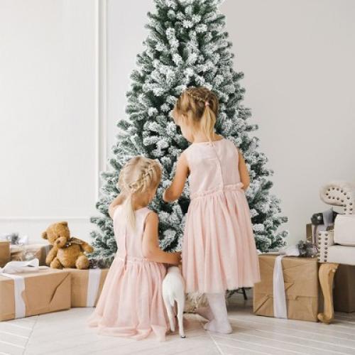 Costway 6ft Pre-lit Snow Flocked Hinged Christmas Tree w/ 928 Tips & Metal Stand