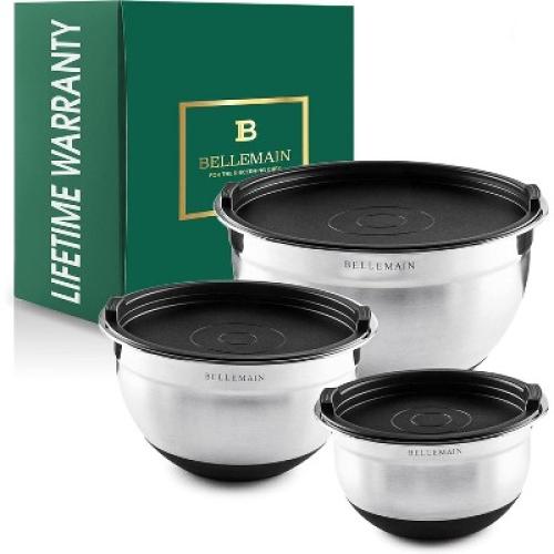 Bellemain 3-Piece Stainless Steel Mixing Bowls Set with Non-Slip Lids – Silver/Black Finish