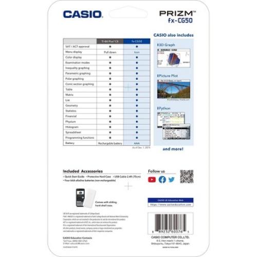 Color Black Casio High-Resolution 3D Color Graphing Calculator - Black (FX-CG50)