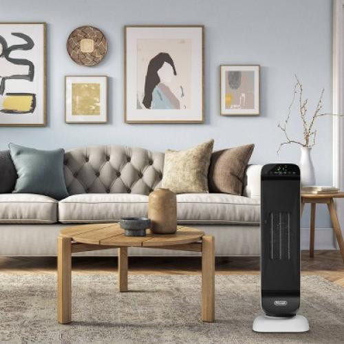 DeLonghi Ceramic Digital Tower Heater: 1500W Oscillating Fan, Remote Control, Adjustable Thermostat, ETL Listed, White