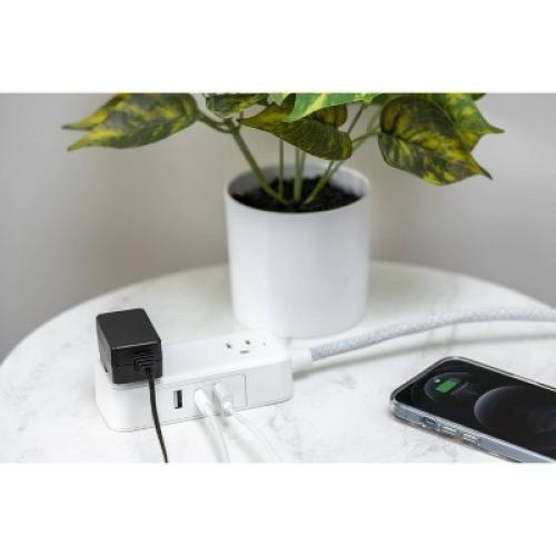 GE 2-Outlet Extension Cord 2 USB-A 1 USB-C 12W 6' Braided White/Gray