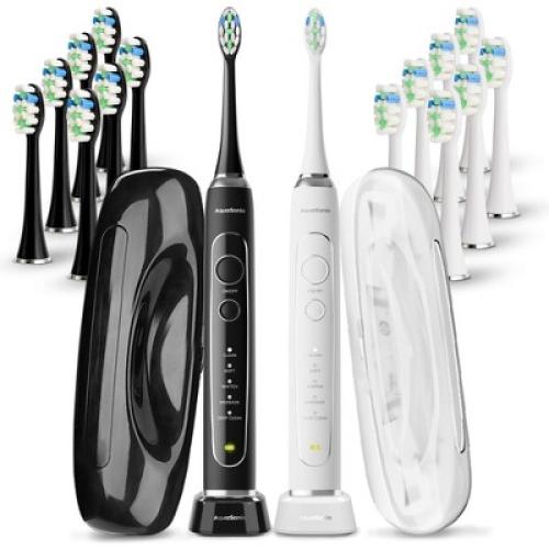 AquaSonic Elite Duo Rechargeable Electric Toothbrush Set – ADA Accepted, 5 Modes, 2 Travel Cases, 16 Brush Heads (Black/White)