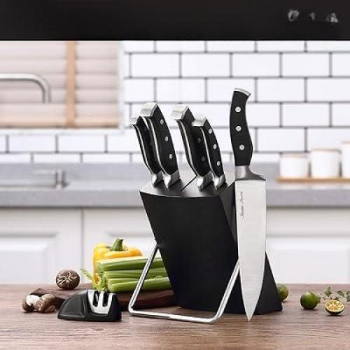Master Maison 7-Piece Premium Kitchen Knife Set with Knife Block & Dual Knife Sharpener, Black