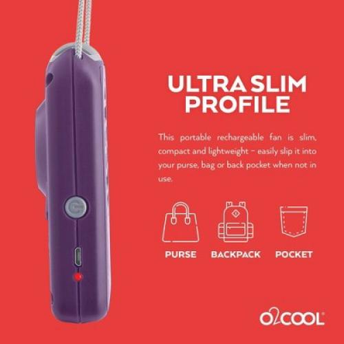 O2COOL Rechargeable Deluxe Necklace Fan with USB Cord Purple
