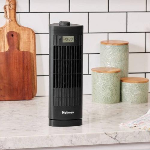 Holmes 13 Oscillating 3 Speed Mini Tower Fan with Digital Clock Black