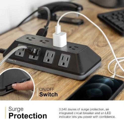 Size 8 ft GE 12-Outlet Surge Protector 3540J 8' Braided Cord Black/Gray: Extension Cord, Outlet Extender, Multiple Plug-in Outlets