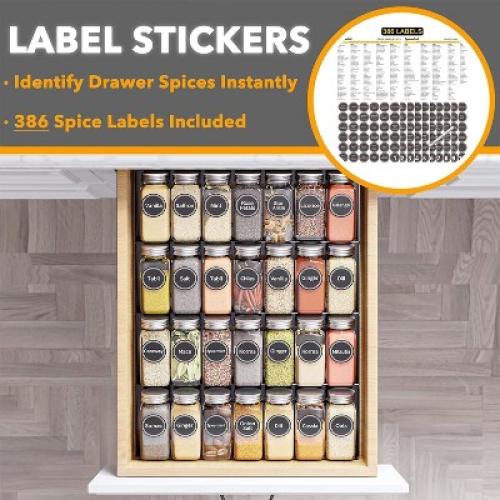 SpaceAid 4 Tier Glass Spice Drawer Organizer with 28 Jars, 386 Labels, for Kitchen Drawers,Black