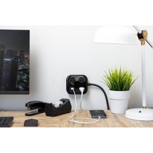 GE 3-Outlet Surge Protector with USB 1 USB-A 1 USB-C 20W Shared 245J 4' Braided Cord Black