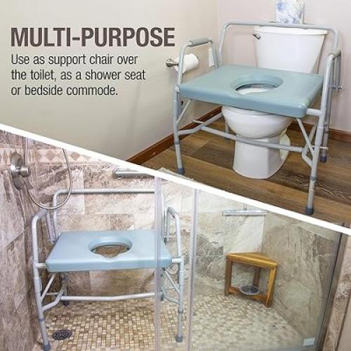 DMI Drop Arm Portable Toilet Commode, Extra-Wide Seat, 500 Pound Weight Capacity, Bucket with Lid Included, Adjustable Legs