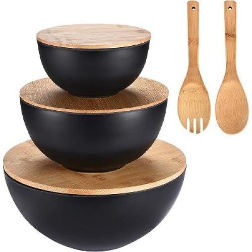 Vdomus Salad Serving Bowls with Lids- Set of 3, Black