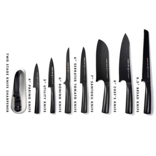 (MISSING A KNIFE) Schmidt Bros Cutlery 9pc Jet Black Series Knife Block Set: Stainless Steel Blades & Handles, Includes Sharpener