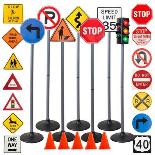 Attatoy 42 Large Traffic Signs Playset, 32pc Set; Street Sign and Traffic Light Set for Play with Ride-On Cars and Vehicles