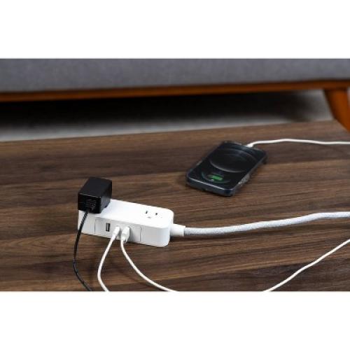 GE 2-Outlet Extension Cord 2 USB-A 1 USB-C 12W 6' Braided White/Gray