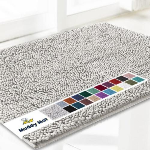 Muddy Mat Highly Absorbent Soft Chenille Door Mat and Pet Rug Non Slip Thick Washable Area and Bath Mat for Indoor & Outdoor-Grey Small 18x28