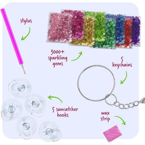 Dan&Darci Gem Art Gift for Kids - Diamond Painting Kit with 5 Suncatchers, 5 Keychains, 3000  Gems, and Stylus - Ages 6 , Craft Kit for Kids