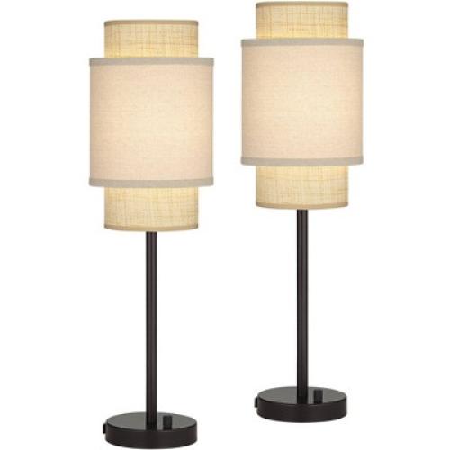 360 Lighting Tull 27 Tall Modern Table Lamps Set of 2 USB Port AC Power Outlet Black Brown Metal Living Room Charging Bedroom Tan Tiered Shade
