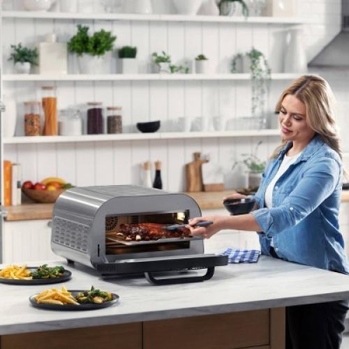 Gourmia All-In-One Indoor Pizza Oven, Toaster Oven, and Air Fryer w/ 6 Pizza Presets and 7 Cooking Functions: 1800W, Stainless Steel