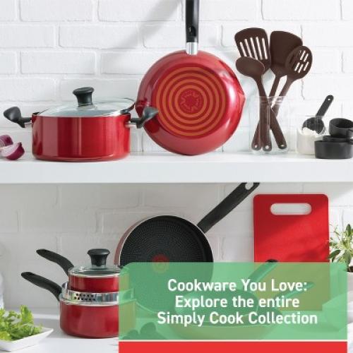 T-Fal 12pc Simply Cook Nonstick Cookware Set Red: Aluminum, Ergonomic Handles, Tempered Glass Lids, Oven-Safe to 350°F ‼️possibly missing items ‼️