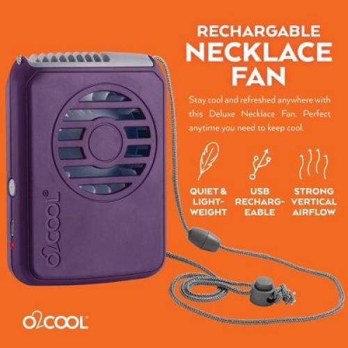 O2COOL Rechargeable Deluxe Necklace Fan with USB Cord Purple