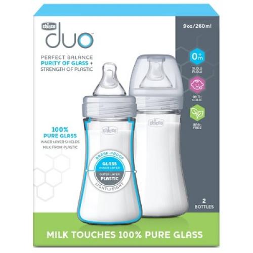 Chicco 2pk Duo Hybrid Baby Bottle with Invinci-Glass Inside/Plastic Outside with Slow Flow Anti-Colic Nipple - Clear/Gray - 9oz